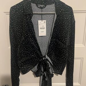 Zara Black Polka Dot Tie-Front Top
